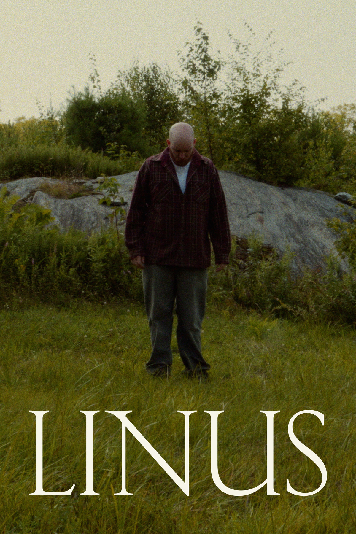 LINUS official poster — a man stands in tall grass before a rock outcrop, head bowed.